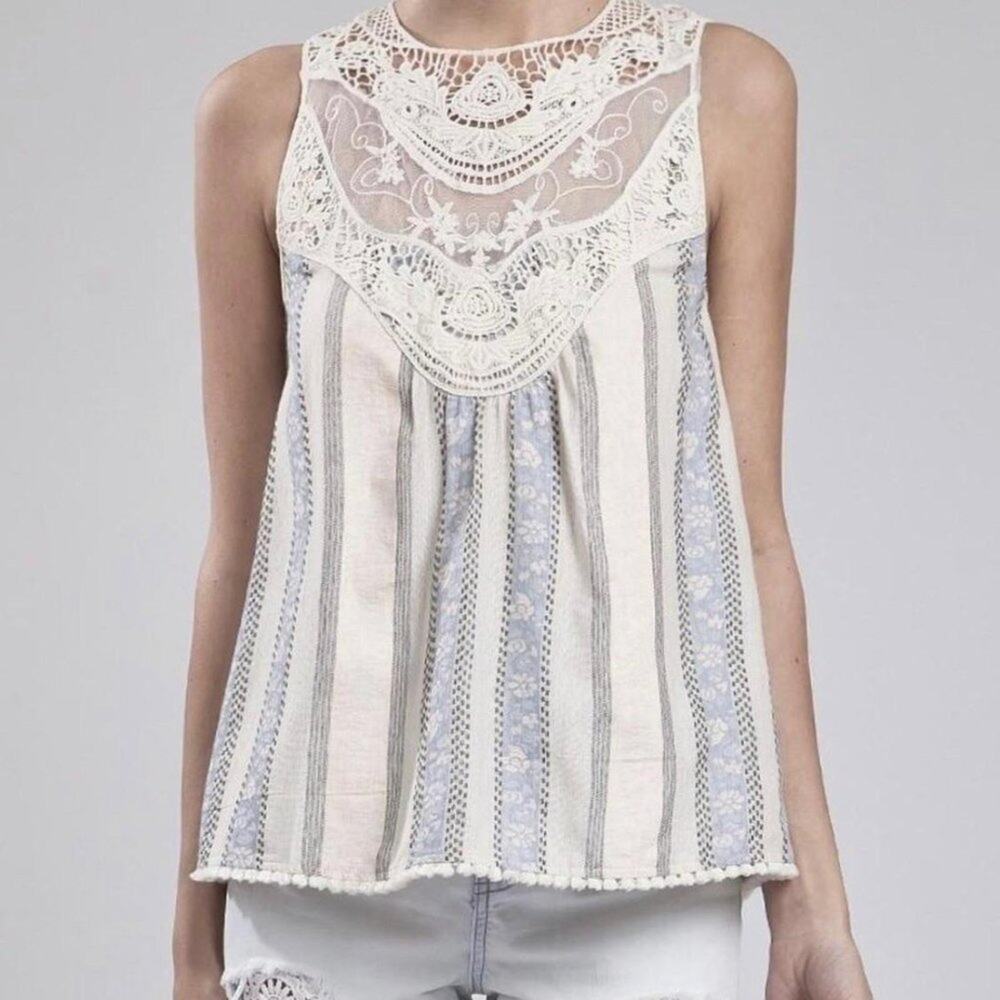 Altar'd State Pastel Stripe Boho Top sz Large Lace & Tassel 100% Cotton
